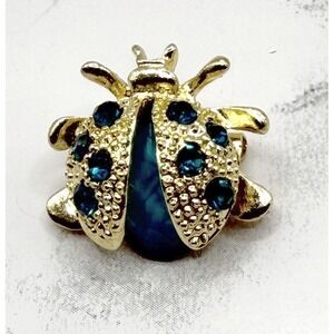 Vintage Ladybug Brooch Gold Tone Teal Rhinestone Insect Pin 3/4"
